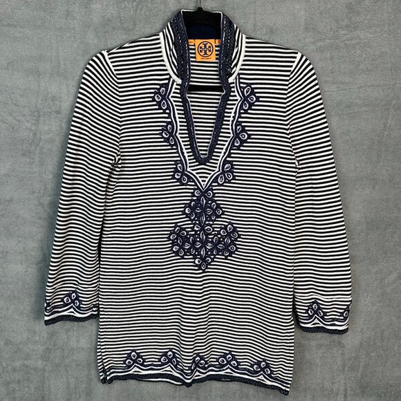 Tory Burch Sweater Womens Medium Navy Striped Embroidered Nautical Coastal Tunic - Picture 1 of 16